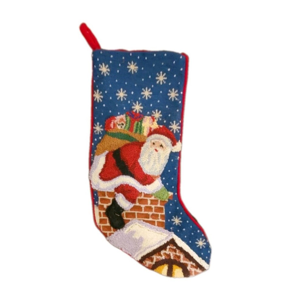 Vintage Wool Needlepoint Christmas Stocking Dimensional Santa Chimney 18"